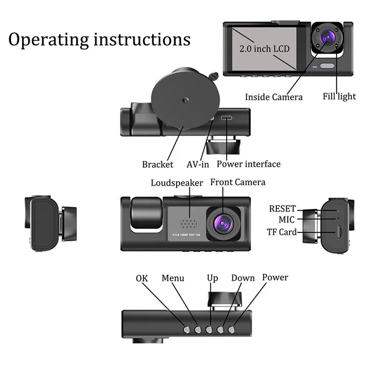 Y16 Car DVR Dash Cam 1080P HD Parking Monitoring 3 Cameras Vehicle Driving Recorder
