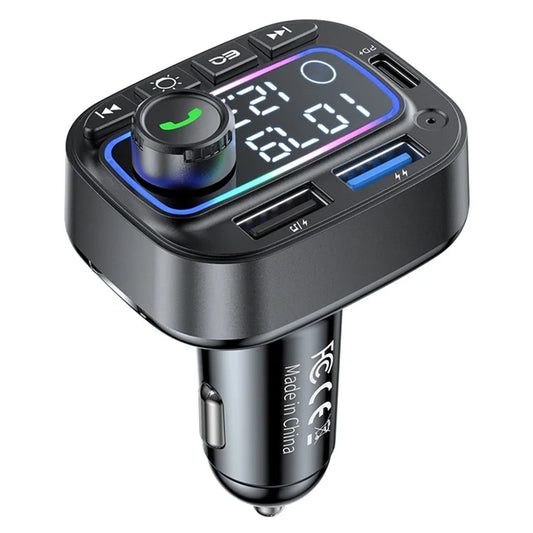 T01 Colorful Light Bluetooth Hands-Free Call MP3 Player Type-C + Dual USB Car Charger FM Transmitter