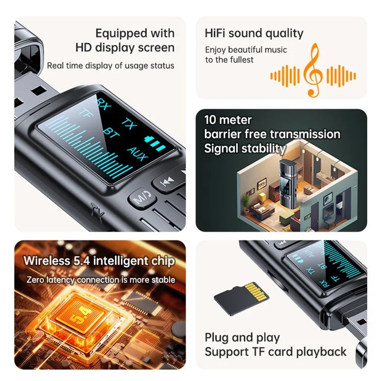 GT72 USB Wireless Audio Adapter LED Digital Display Bluetooth 5.4 Audio Receiver Transmitter