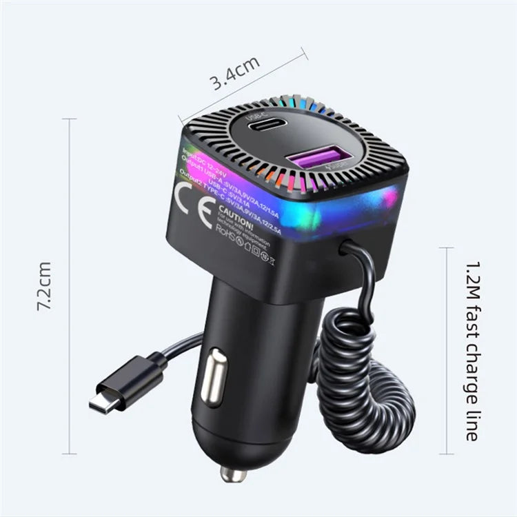 K14 USB + Type-C PD 30W Phone Fast Charging Adapter Car Charger with Spring Type-C Cable