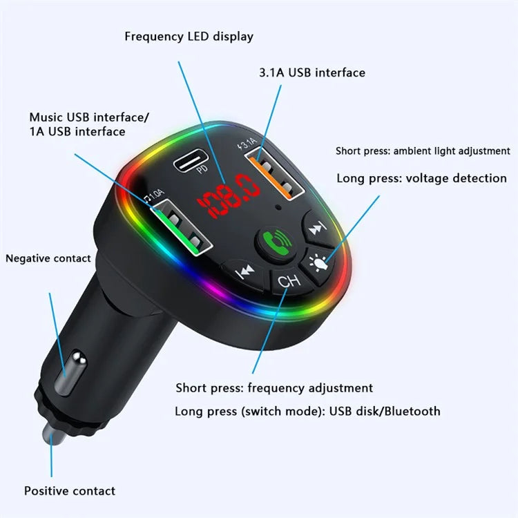 P25 Bluetooth Hands-Free Car Player Phone Dual USB Cigarette Lighter Charger with Ambient Lighting