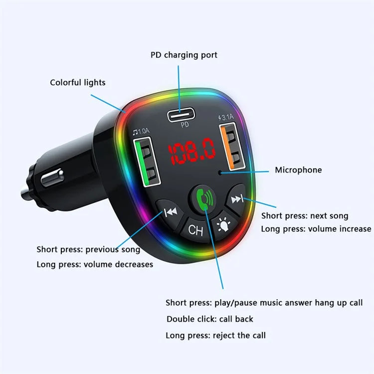 P25 Bluetooth Hands-Free Car Player Phone Dual USB Cigarette Lighter Charger with Ambient Lighting