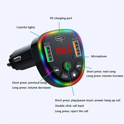 P25 Bluetooth Hands-Free Car Player Phone Dual USB Cigarette Lighter Charger with Ambient Lighting