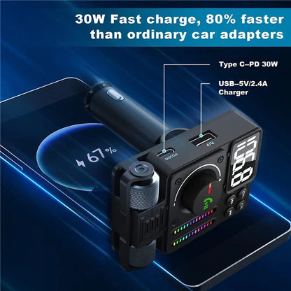 MT01 Ambient Light Car Bluetooth Adapter FM Transmitter MP3 Music Player Type-C + USB Car Charger