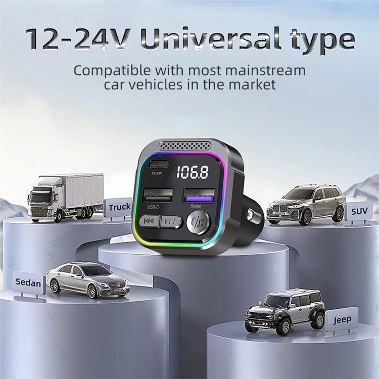 C54 Alloy Car Bluetooth Adapter FM Transmitter MP3 Player PD 30W Type-C + Dual USB Car Charger