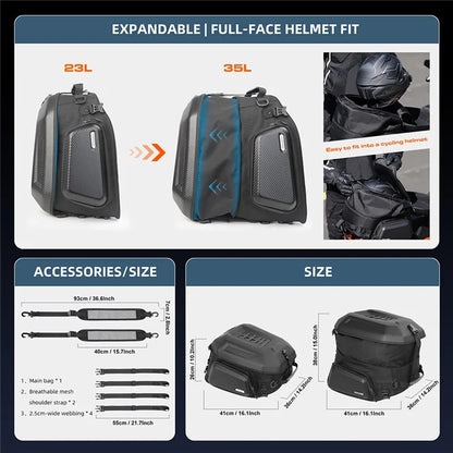RHINOWALK MT2335 23L-35L Expandable Hardshell Motorcycle Tail Bag Polyester Backpack Shoulders Bag