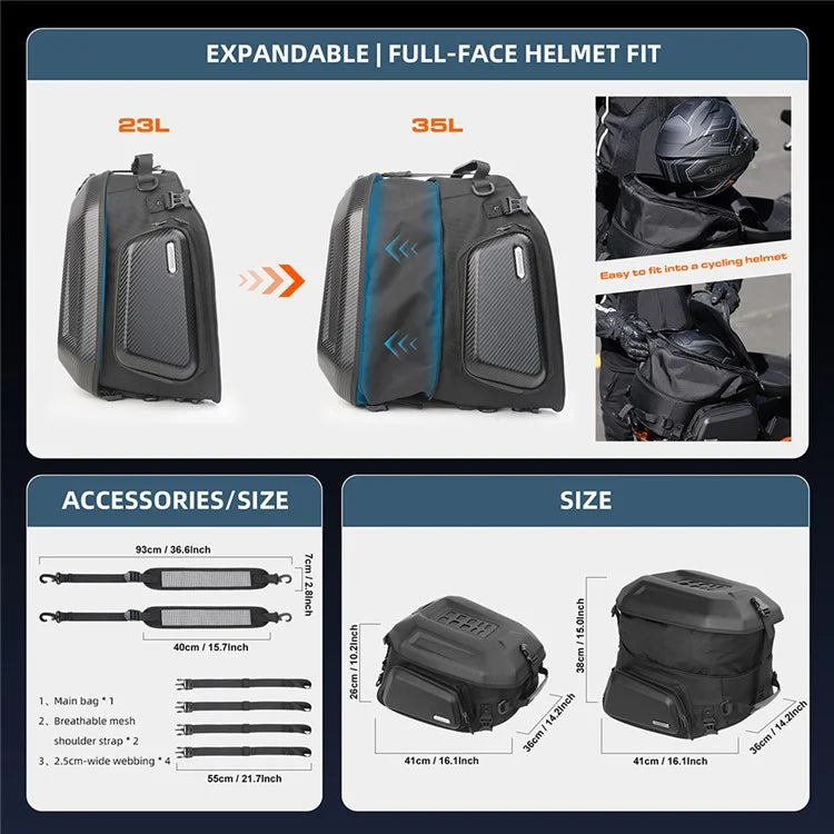 RHINOWALK MT2335 23L-35L Expandable Hardshell Motorcycle Tail Bag Polyester Backpack Shoulders Bag
