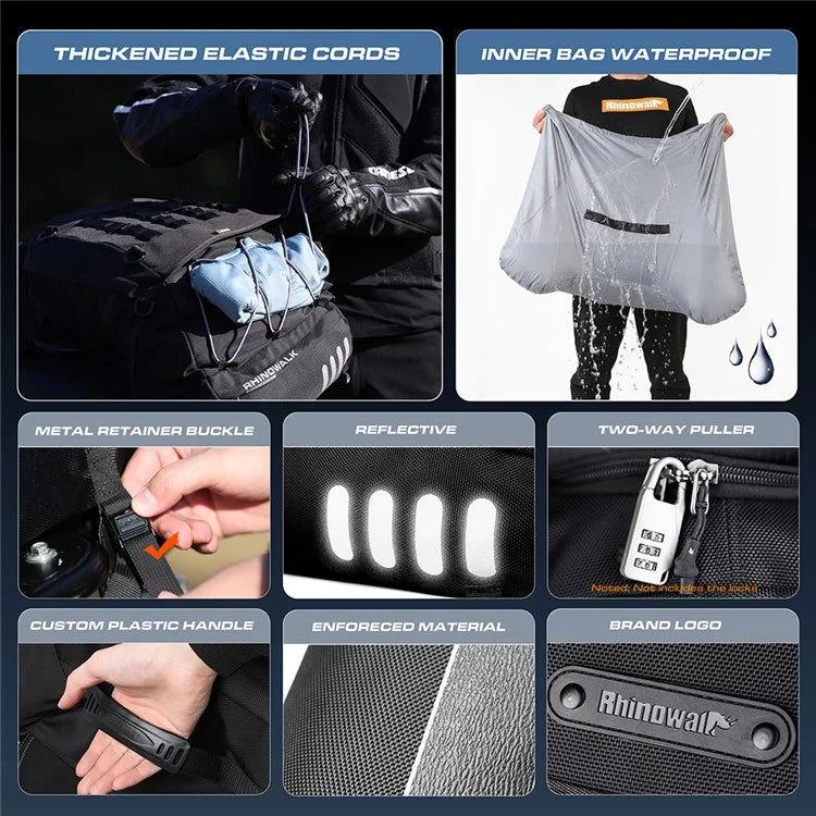 RHINOWALK MT3550BK 35-50L Bilateral Expandable Motorcycle Tail Bag Rear Seat Bag