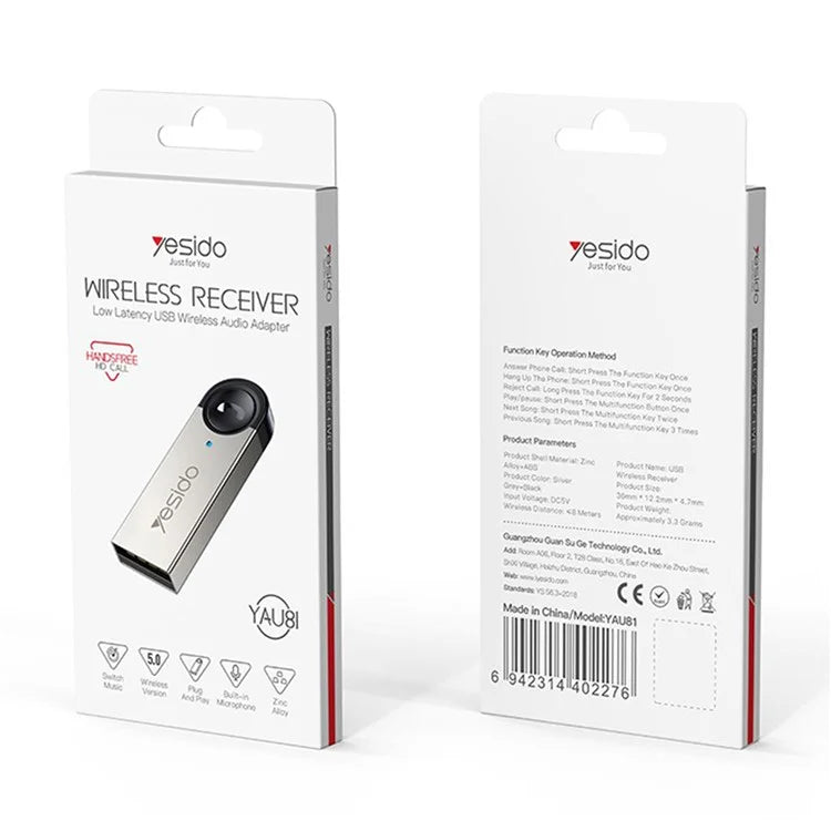 YESIDO YAU81 USB Bluetooth Adapter Wireless Audio Receiver Car Bluetooth Music Receiver