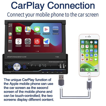 T100C Car Stereo Radio 7'' HD Manually Retractable Screen Car MP5 Player Support Bluetooth FM Radio Mirror Link
