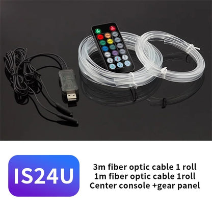 IS24U 2 Rolls 3m+1m Car Fiber Optic Ambient Strip Light Remote Control Atmosphere Neon Lighting Kit