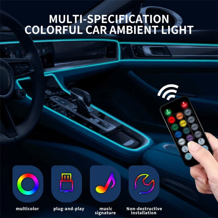 IS24U 2 Rolls 3m+1m Car Fiber Optic Ambient Strip Light Remote Control Atmosphere Neon Lighting Kit