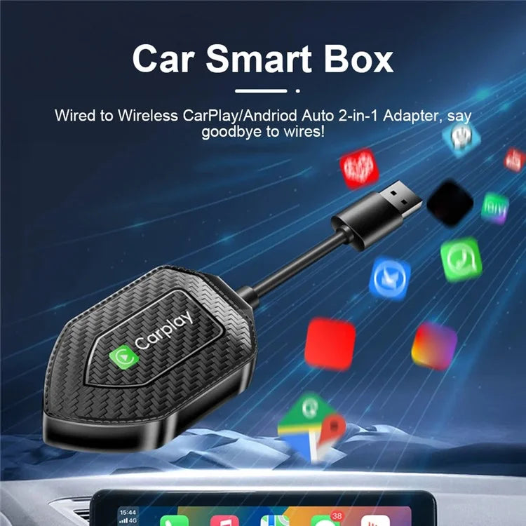 Q1D 2-in-1 Wired to Wireless Carplay Android Auto Adapter Carbon Fiber Texture Bluetooth Smart Box