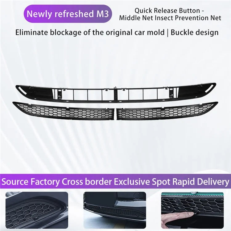 For Tesla Model 3 Car Front Bumper Grille Quick Release Button Design Insect Prevention Net