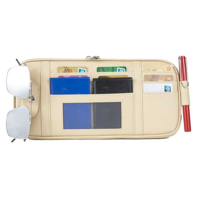 Car Sun Visor Storage Bag PU Leather Driving License Glasses Cards Holder Zipper Pocket Storage Bag