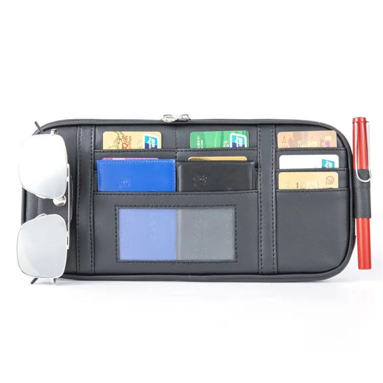 Car Sun Visor Storage Bag PU Leather Driving License Glasses Cards Holder Zipper Pocket Storage Bag