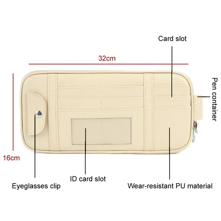 Car Sun Visor Storage Bag PU Leather Driving License Glasses Cards Holder Zipper Pocket Storage Bag