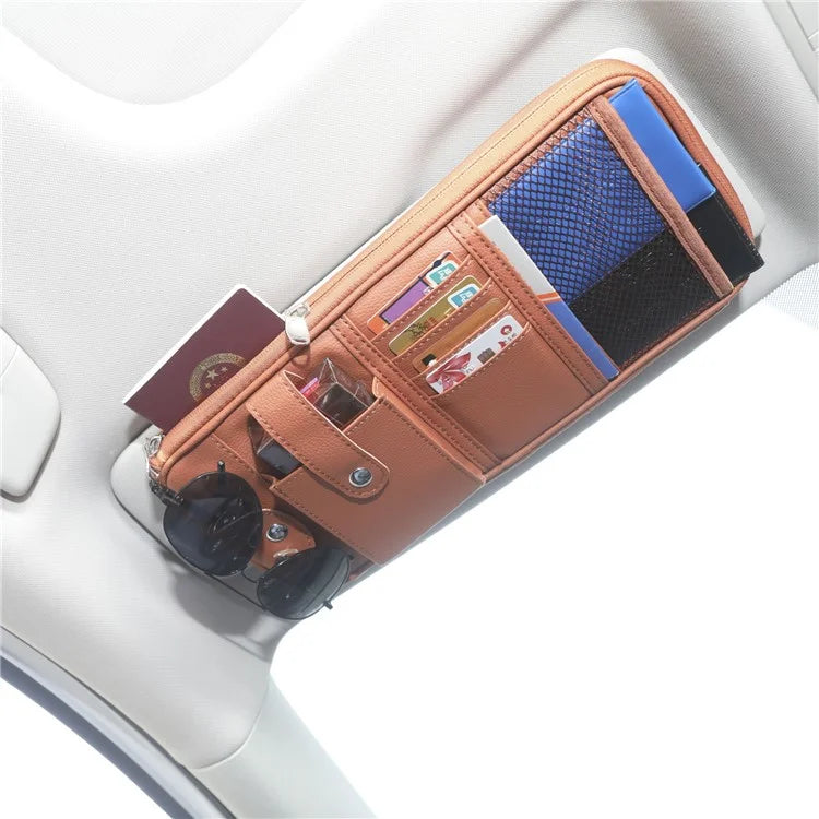 Car Sunshade Storage Bag Multi-Pockets Sunglasses Cards Pen Organizer Microfiber Leather Pouch