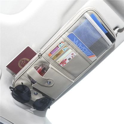 Car Sunshade Storage Bag Multi-Pockets Sunglasses Cards Pen Organizer Microfiber Leather Pouch