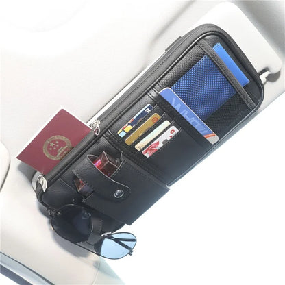 Car Sunshade Storage Bag Multi-Pockets Sunglasses Cards Pen Organizer Microfiber Leather Pouch