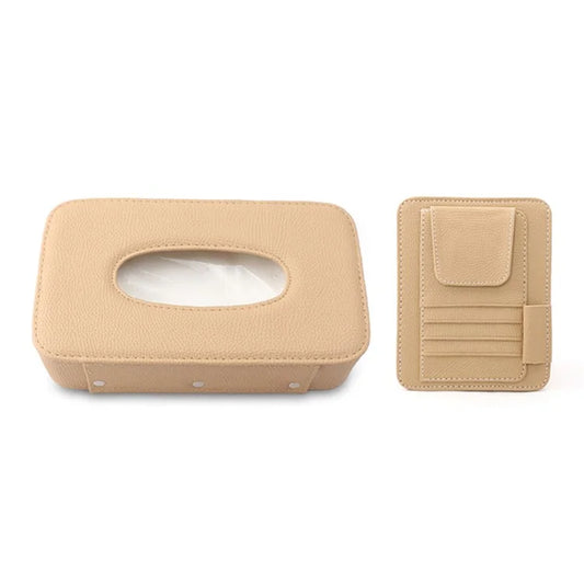 Automotive Interior Litchi Texture PU Leather Car Sun Visor Tissue Box Card Clip Set