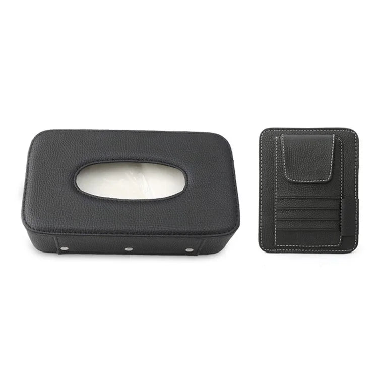 Automotive Interior Litchi Texture PU Leather Car Sun Visor Tissue Box Card Clip Set