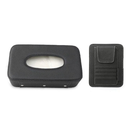 Automotive Interior Litchi Texture PU Leather Car Sun Visor Tissue Box Card Clip Set