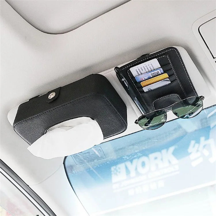 Automotive Interior Litchi Texture PU Leather Car Sun Visor Tissue Box Card Clip Set