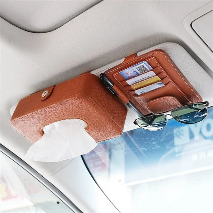 Automotive Interior Litchi Texture PU Leather Car Sun Visor Tissue Box Card Clip Set