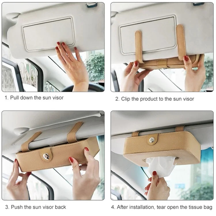 Automotive Interior Litchi Texture PU Leather Car Sun Visor Tissue Box Card Clip Set