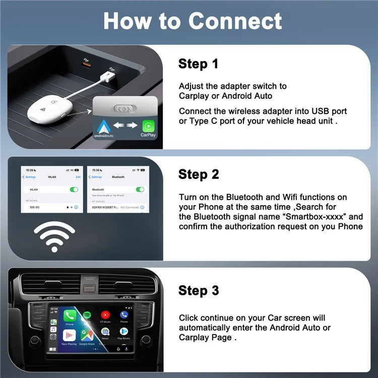THT-020-9-1 Car Wireless Android Auto Carplay Wired to Wireless Adapter Dongle