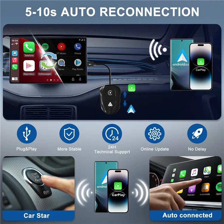 THT-020-9 Car Wireless Carplay Android Auto Dongle Wired to Wireless Adapter