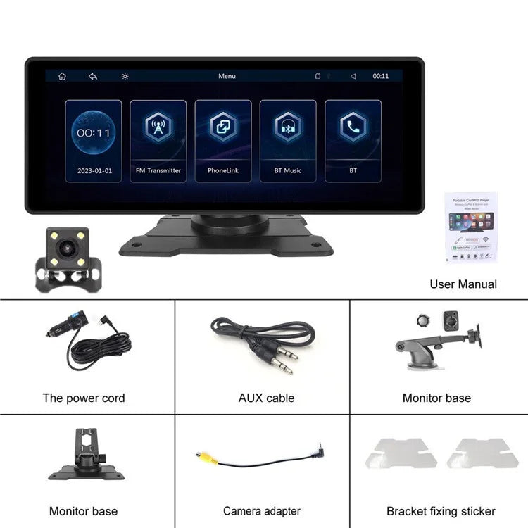 W912B 10.26-inch HD Video Car Player with 8-LED Rear-View Camera Portable Bluetooth Car Monitor Support Mirror Link