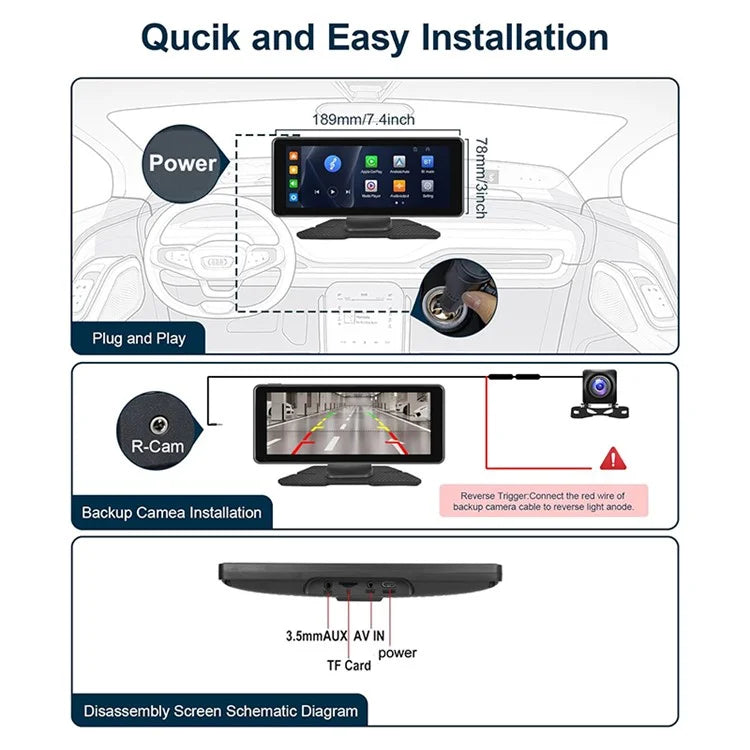 W513B 6.86-Inch HD Car Play with 12LED Camera Portable Car Radio Bluetooth Screen