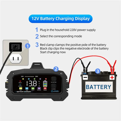 E-FAST TK-2500 25A Max Car Automatic Battery Charger for Lithium LiFePO4 AGM GEL Lead-Acid