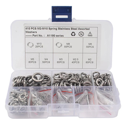 A1180 410Pcs M2-M10 Stainless Steel Assorted Spring Washers with Plastic Box