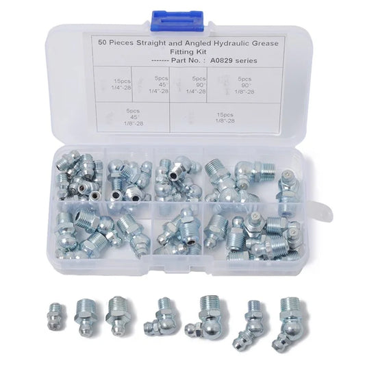 A0829 50Pcs Straight and Angled Hydraulic Grease Fitting Assortment Kit