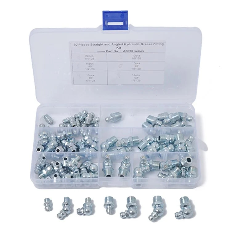A0828 80Pcs 45 / 90 Degree Angled and Straight Hydraulic Grease Fitting Assort Kit