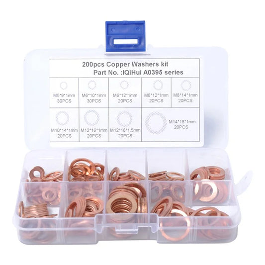 A0395 200Pcs / Set Copper Sealing Washers Flat Rings Gaskets with Plastic Box