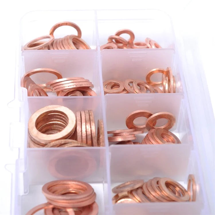A0395 200Pcs / Set Copper Sealing Washers Flat Rings Gaskets with Plastic Box
