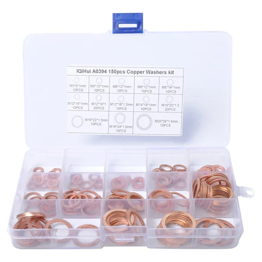 A0394 150Pcs / Set Copper Sealing Washers Flat Rings Gaskets with Plastic Box