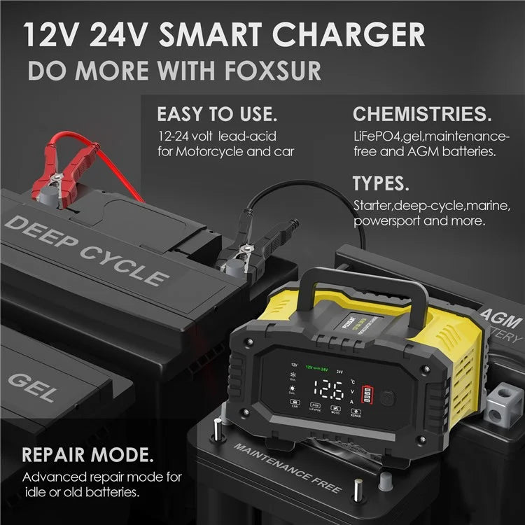 FOXSUR FPT-100 10A Portable Car Motorcycle Battery Charger 7-Stage Charging Vehicle Charger