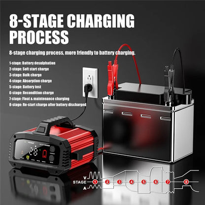 FOXSUR FPT-250 25A Portable Car Boat Motorcycle Battery Charger 8-Stage Charging Smart Charger