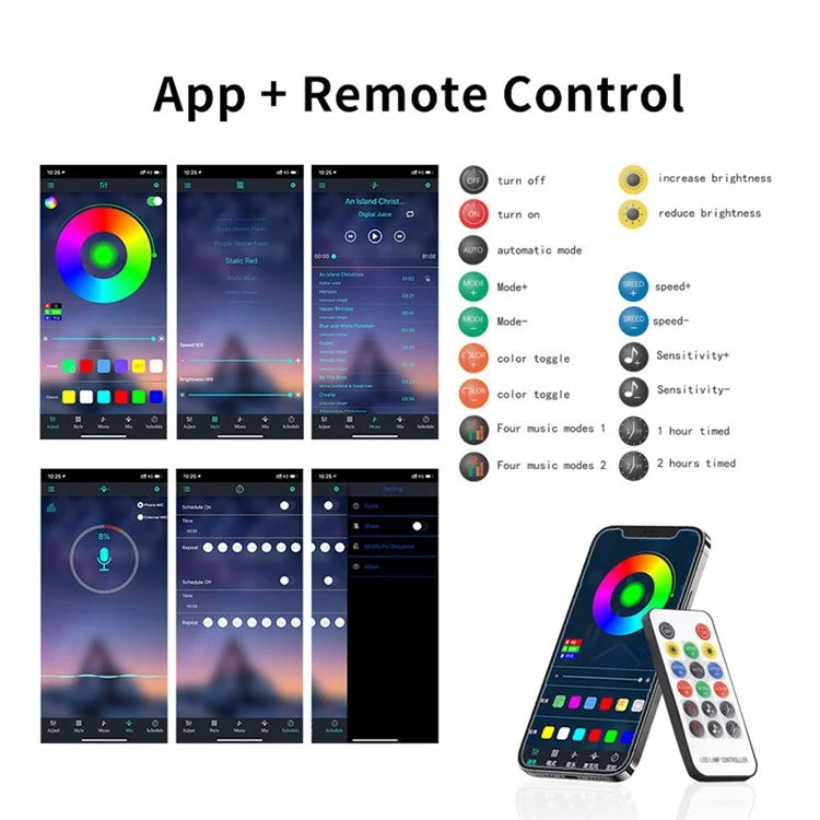 DR06-12 2PCS Bluetooth APP LED Strip Lights Colorful Car Decoration Lamps with Remote Control