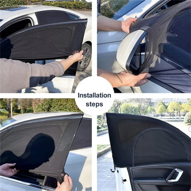 Left+Right Car Rear Window Mesh Curtain Anti-mosquito Sun Shade Window Curtain with Zipper Opening
