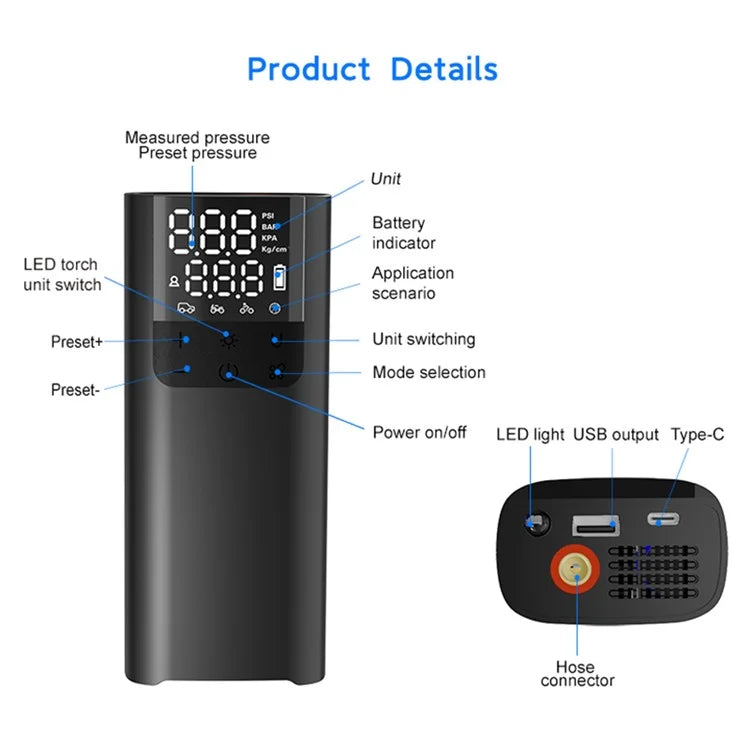 LP5 17-Cylinder High-Pressure Rapid Portable Tire Pump with Power Bank Function