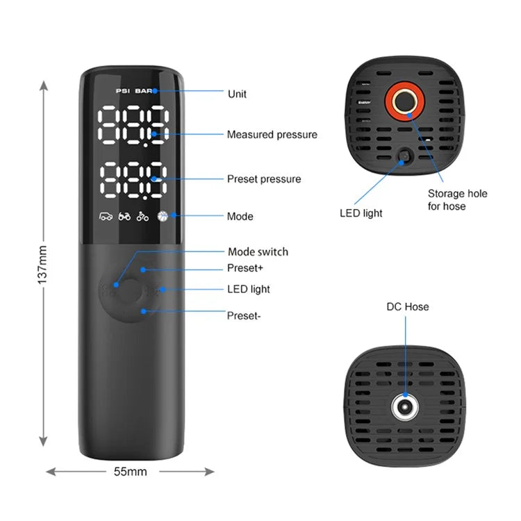 KF02 12V Cigarette Lighter Corded Portable Tire Pump with Digital Display