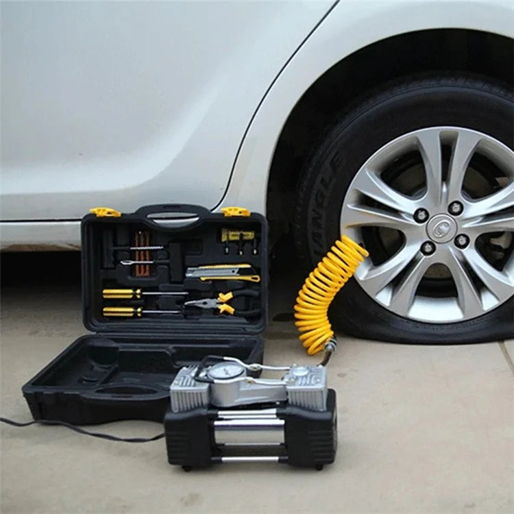 Double Cylinder Air Pump Screwdriver Car Tire Repair Tool Set with Storage Box