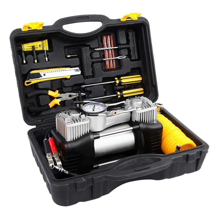 Double Cylinder Air Pump Screwdriver Car Tire Repair Tool Set with Storage Box