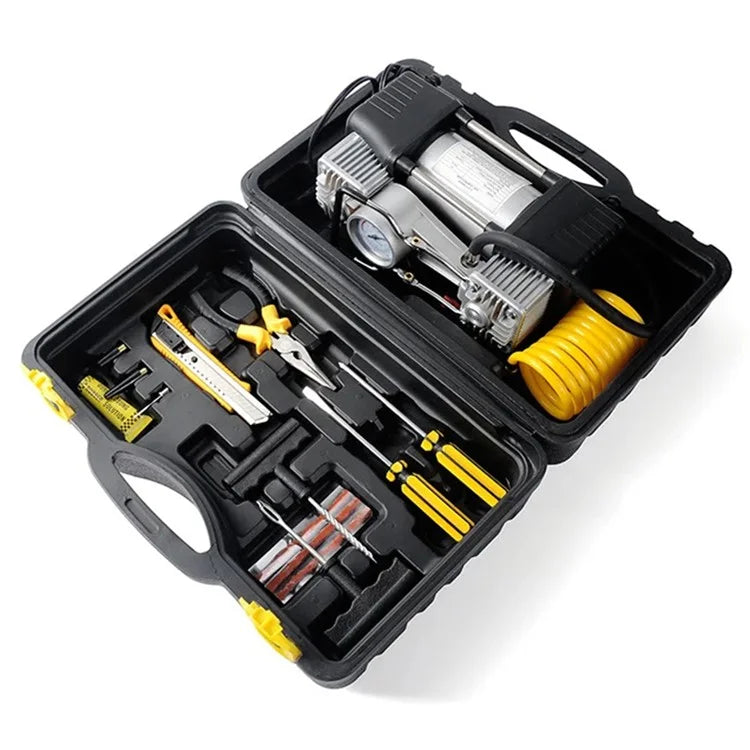 Double Cylinder Air Pump Screwdriver Car Tire Repair Tool Set with Storage Box